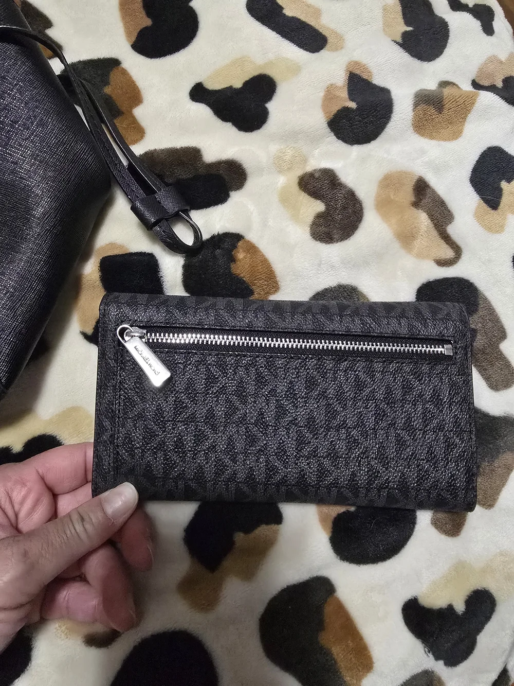 Michael Kors Black MK Logo Shoulder Tote with Gold Charm And matching wallet.